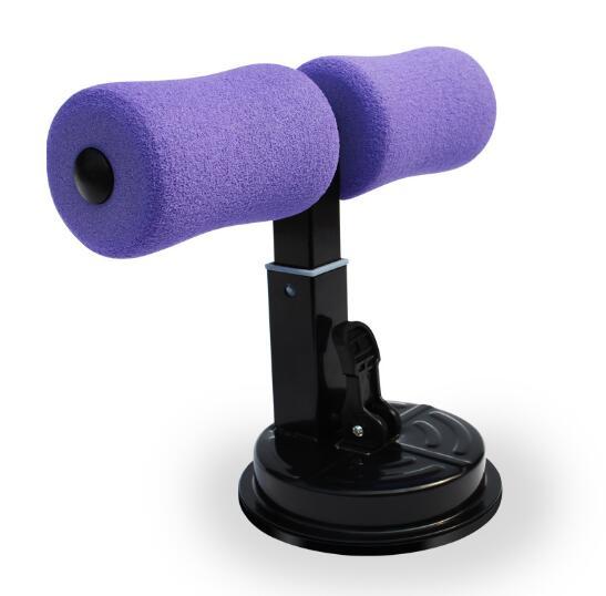 Purple foam-handled sit up exerciser with a black stand on a white background