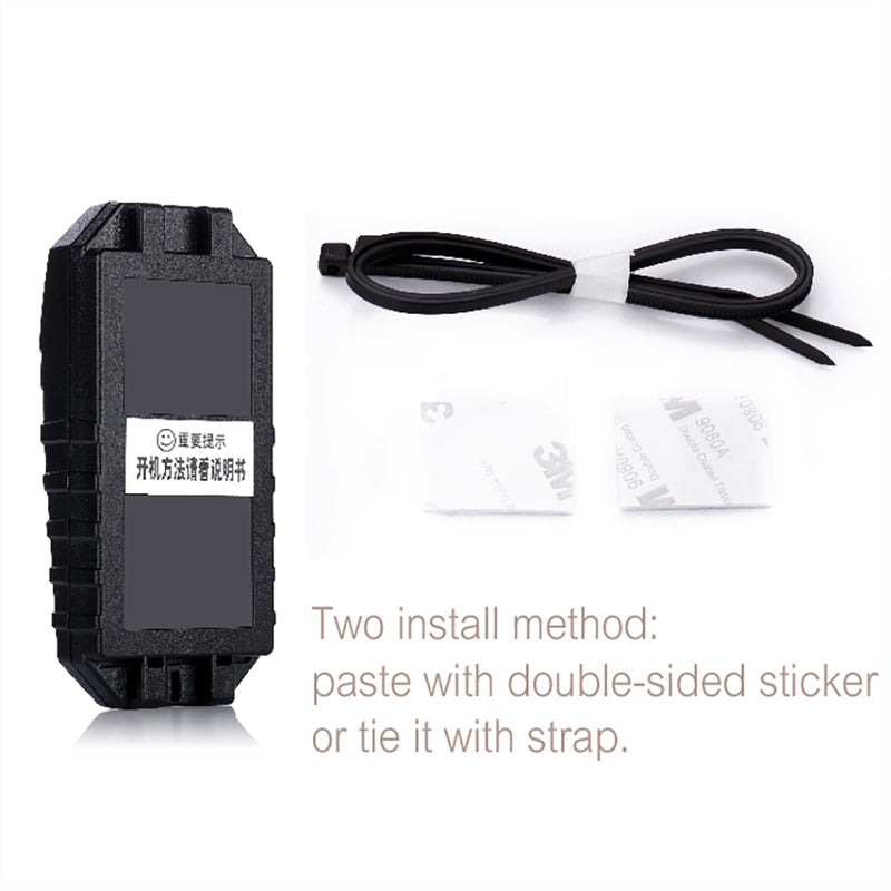 Black electronic device with a cable on a white background, featuring text on a label.