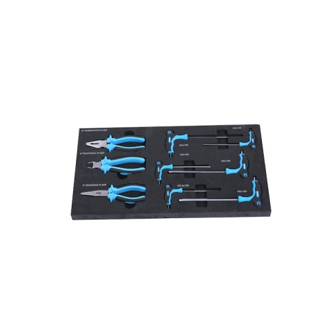 Set of pliers and screwdrivers on a black tray with blue handles.