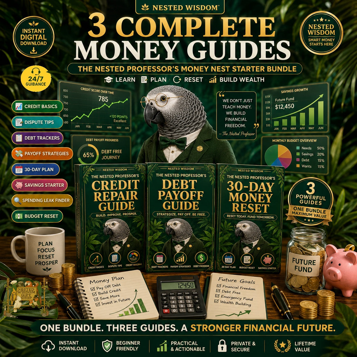 A promotional graphic for a digital money guide bundle by Nested Wisdom, showing three guide covers (Credit Repair, Payoff Reset, and Money Reset) arranged with a parrot, coins, a piggy bank, and financial icons on a dark green textured background.