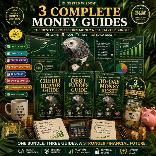 A promotional graphic for a digital money guide bundle by Nested Wisdom, showing three guide covers (Credit Repair, Payoff Reset, and Money Reset) arranged with a parrot, coins, a piggy bank, and financial icons on a dark green textured background.