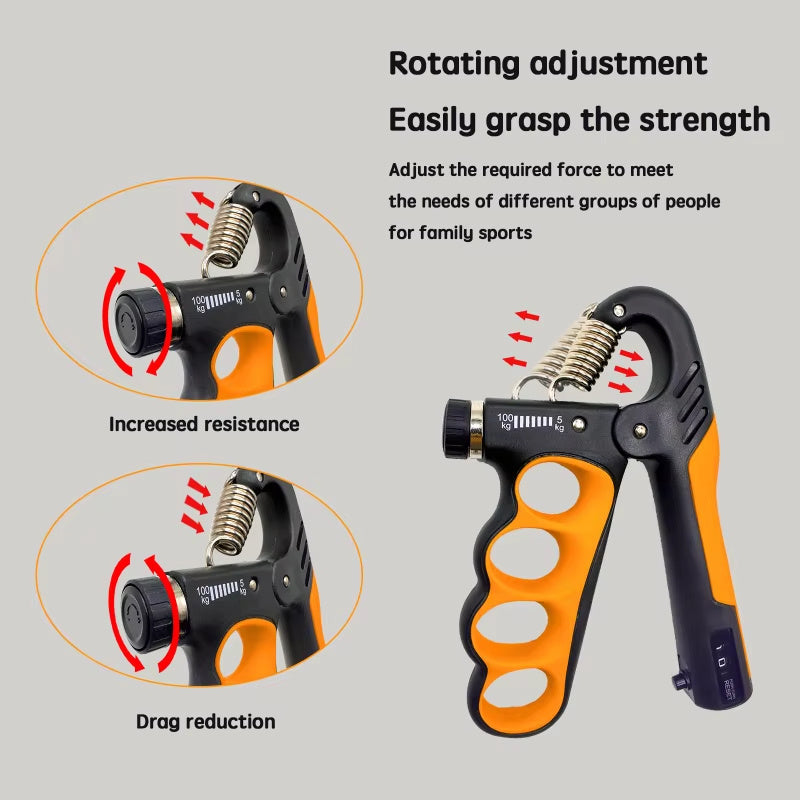 Hand grip strengthener with rotating adjustment mechanism on a gray background