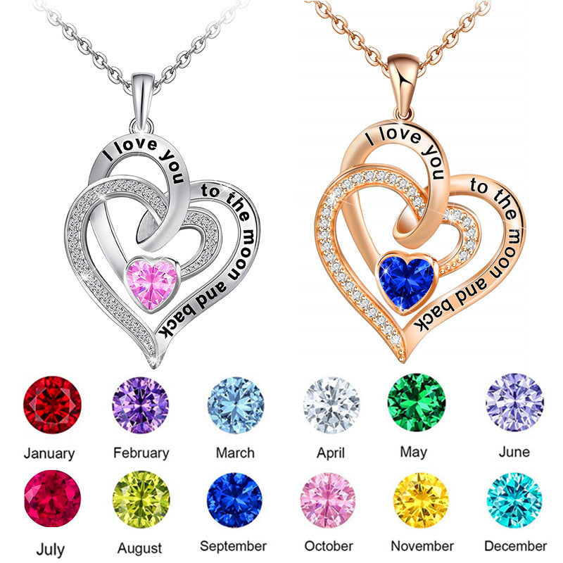 Birthstone Two heart-shaped necklaces with colored gemstones and a color chart below.