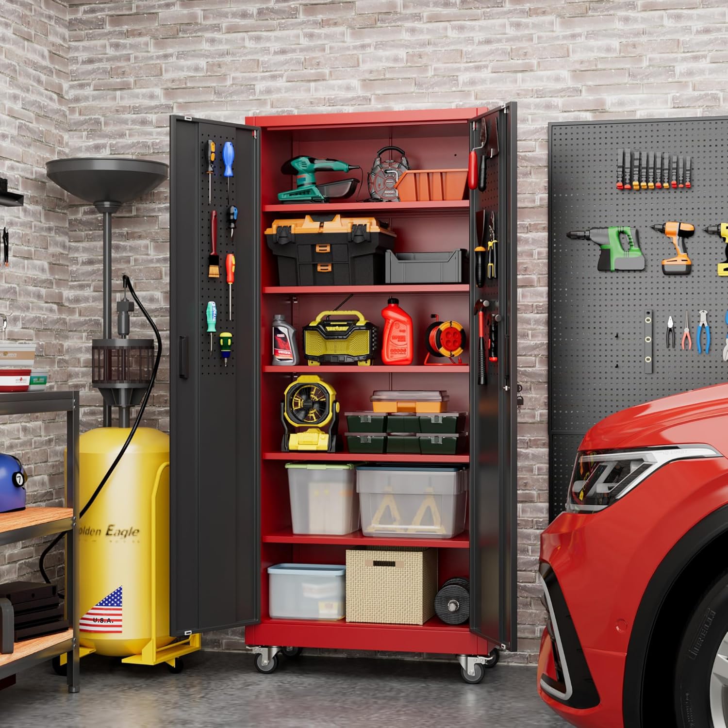 Red storage cabinet with tools and equipment in a garage setting