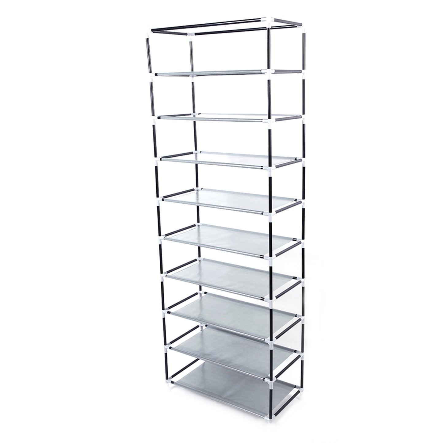 Tall glass shelf with metal frame on a white background  from Nested Wisdom