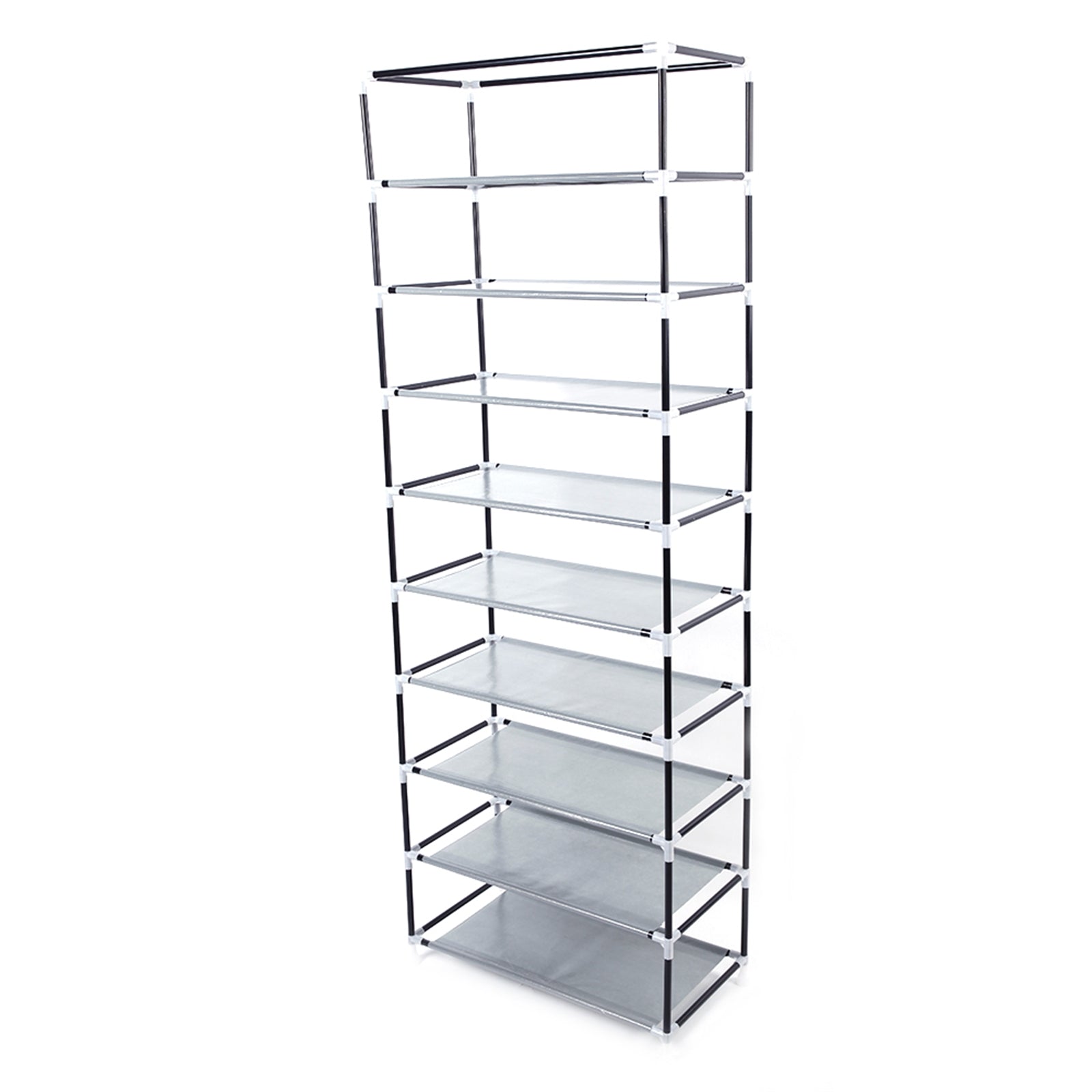 Tall glass shelf with metal frame on a white background  from Nested Wisdom
