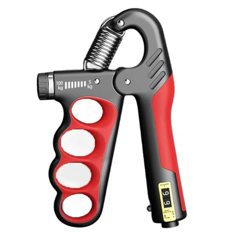 Hand grip strengthener with digital display on a white background