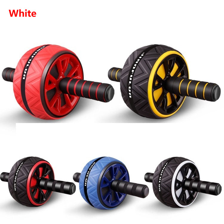 Set of red, black, blue, and yellow ab wheel exercise tools on a white background.