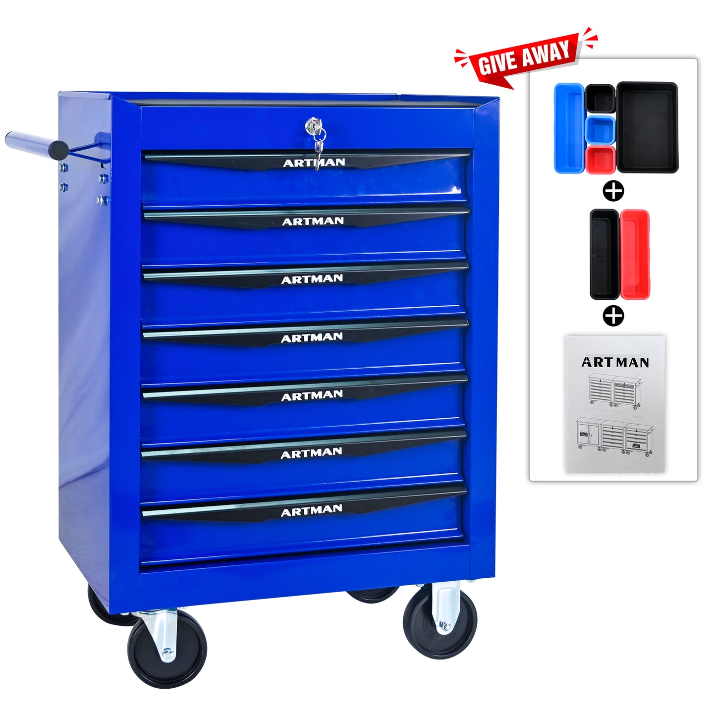 Blue Artman tool chest with six drawers on wheels, accompanied by promotional graphics.