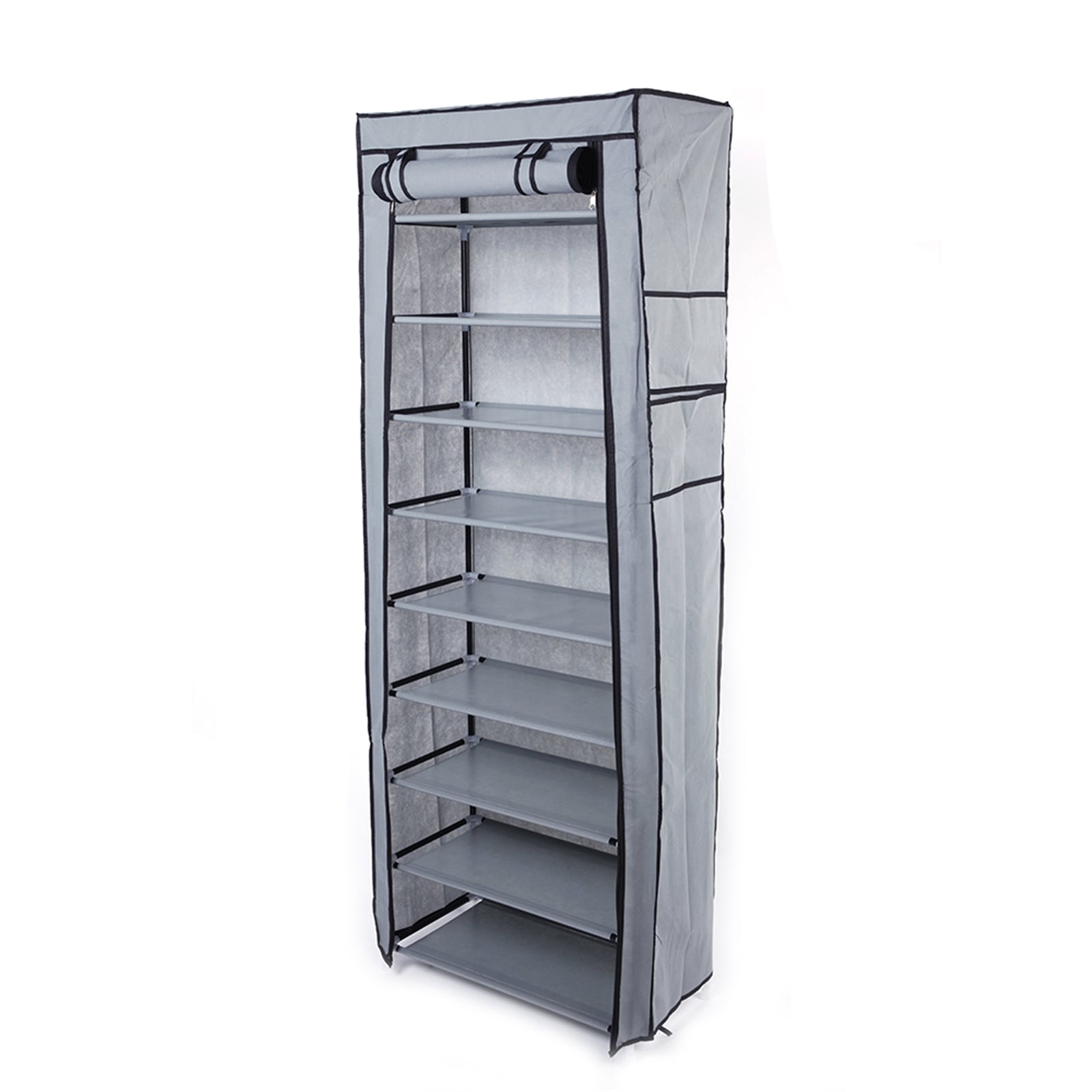 Gray shoe rack with a cover on a white background  from Nested Wisdom