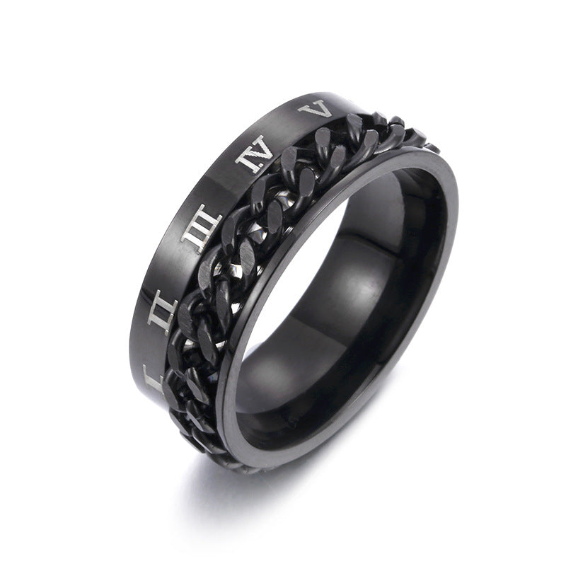 Black ring with Roman numeral design on a white background