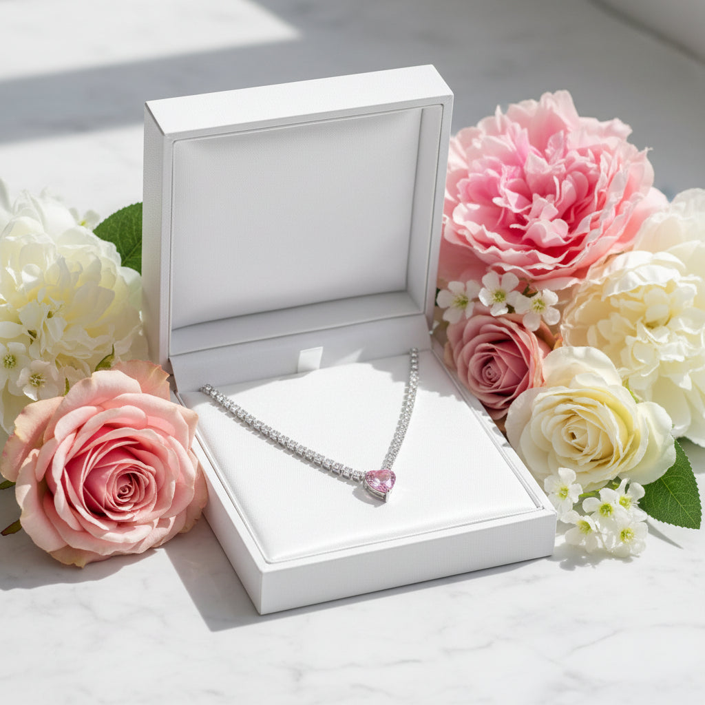 Necklace with a heart-shaped pink gemstone on a white background
