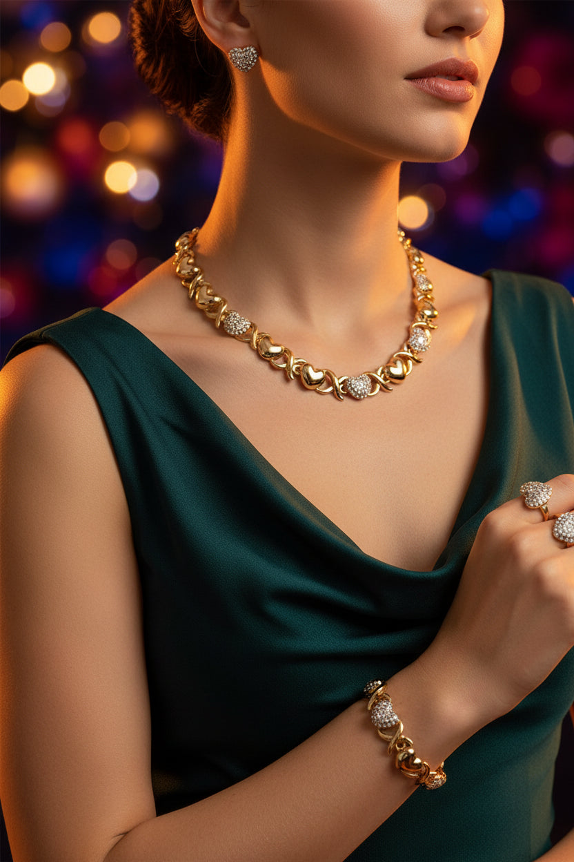 Jewelry set including necklace, bracelet, ring, and earrings on a woman in a green dress