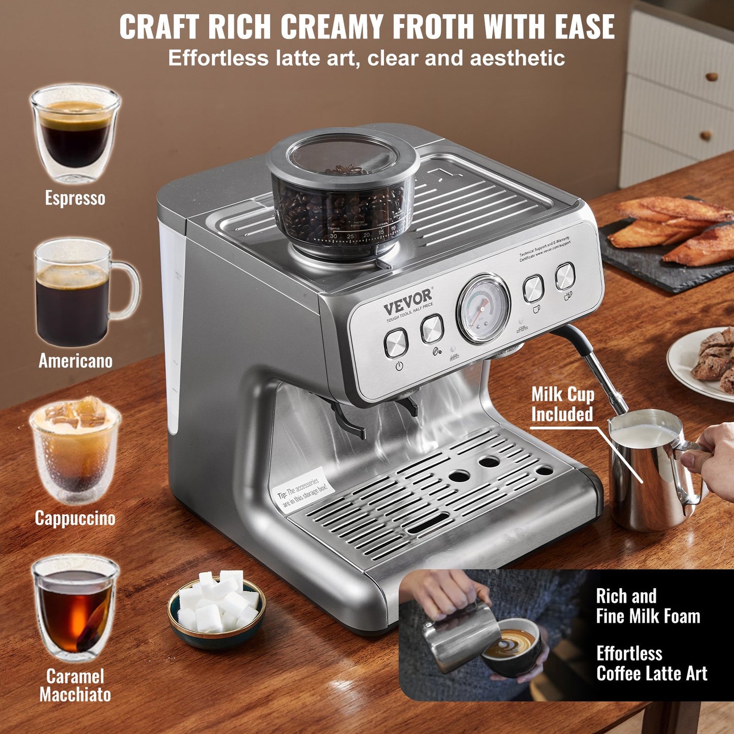Espresso Machine with Grinder – 15 Bar Semi-Automatic Coffee Maker with Milk Frother