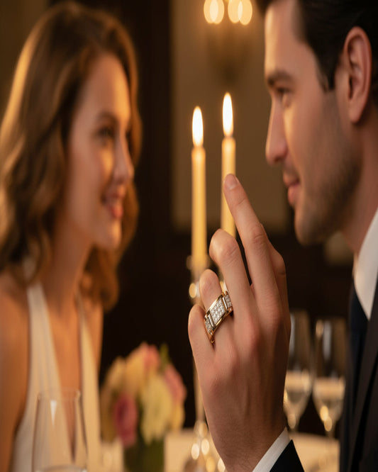 Gold ring with diamond accents on a mans hand while at dinner with a woman