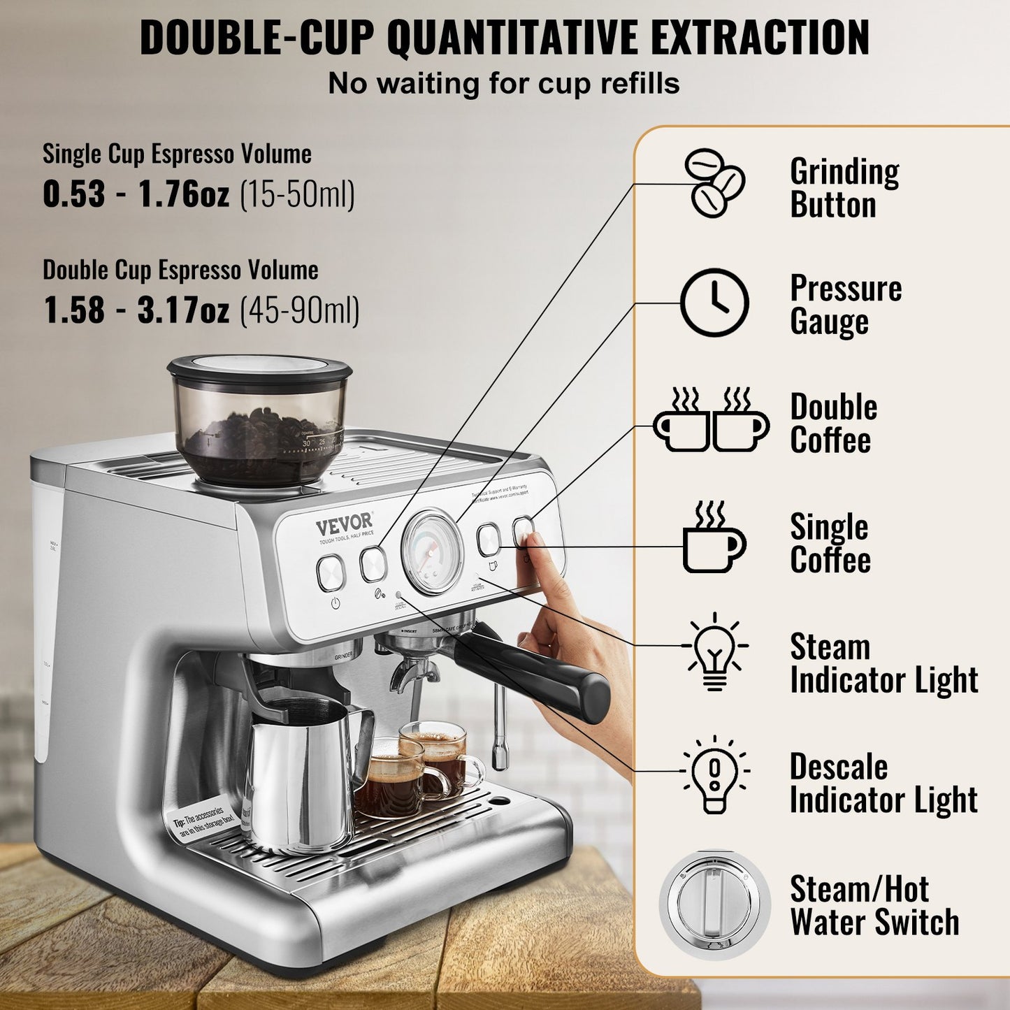 Espresso Machine with Grinder – 15 Bar Semi-Automatic Coffee Maker with Milk Frother