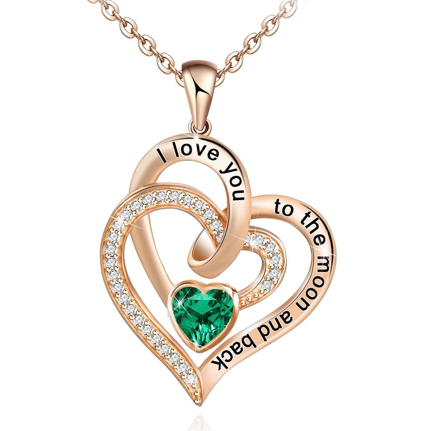 Birthstone Rose gold heart-shaped pendant with green gemstone and engraved text on a white background