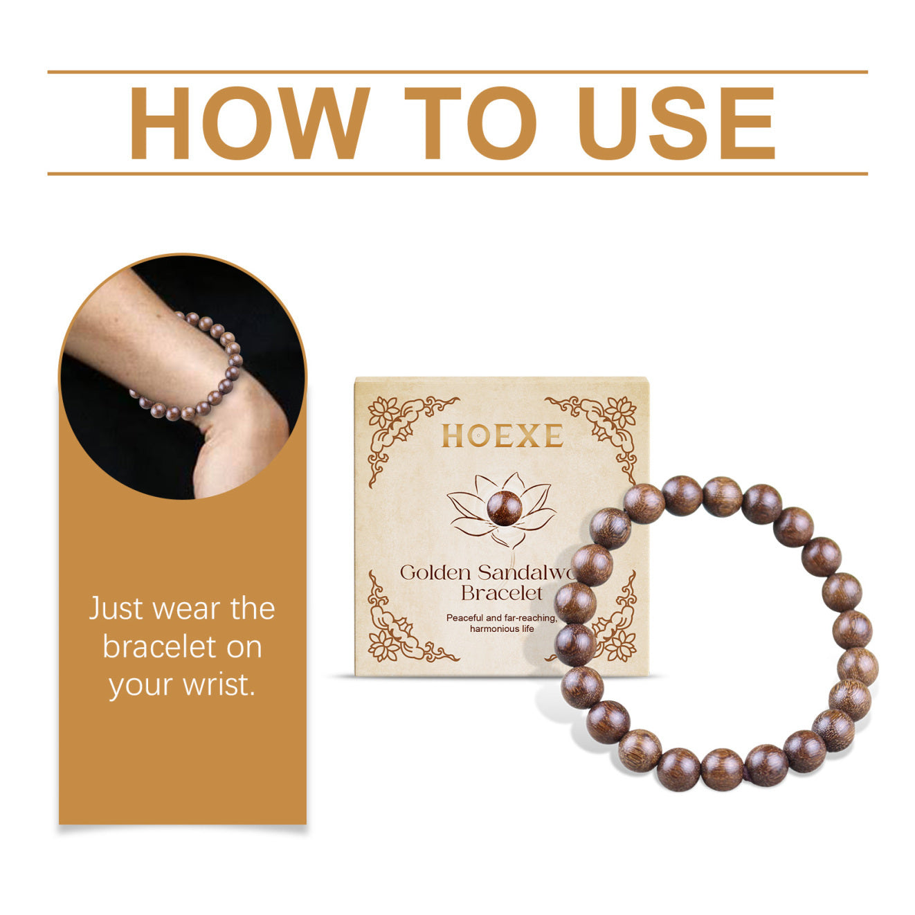HOEXE Golden Sandalwood Bracelet with packaging and usage instructions on a white background