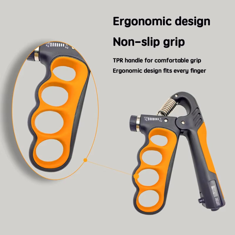 Hand grip trainer with ergonomic design and non-slip grip on a gray background