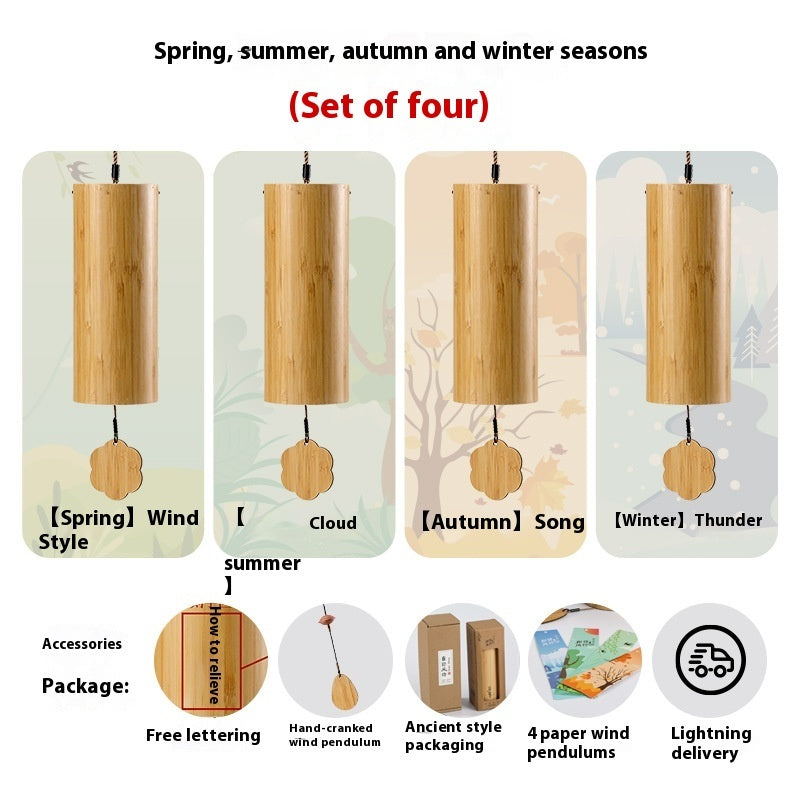 Set of four wooden wind chimes for different seasons with packaging details.