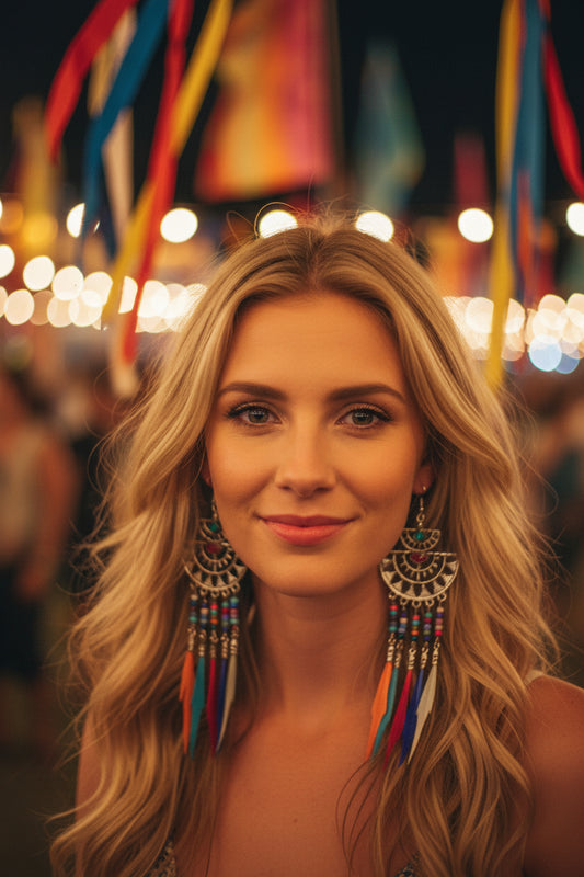Colorful beaded earrings with feather-like tassels on a white background