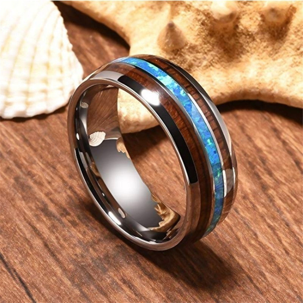 Blue Inlay Alloy Band Ring with Wood-Style Accent - ceramic tungsten
