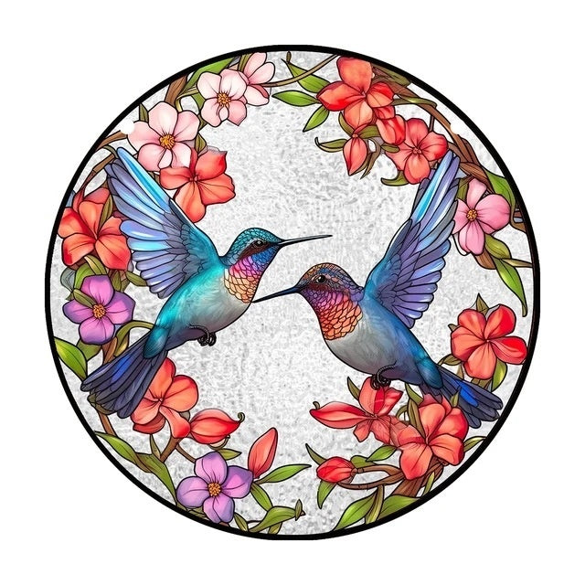 Two hummingbirds surrounded by flowers in a circular design