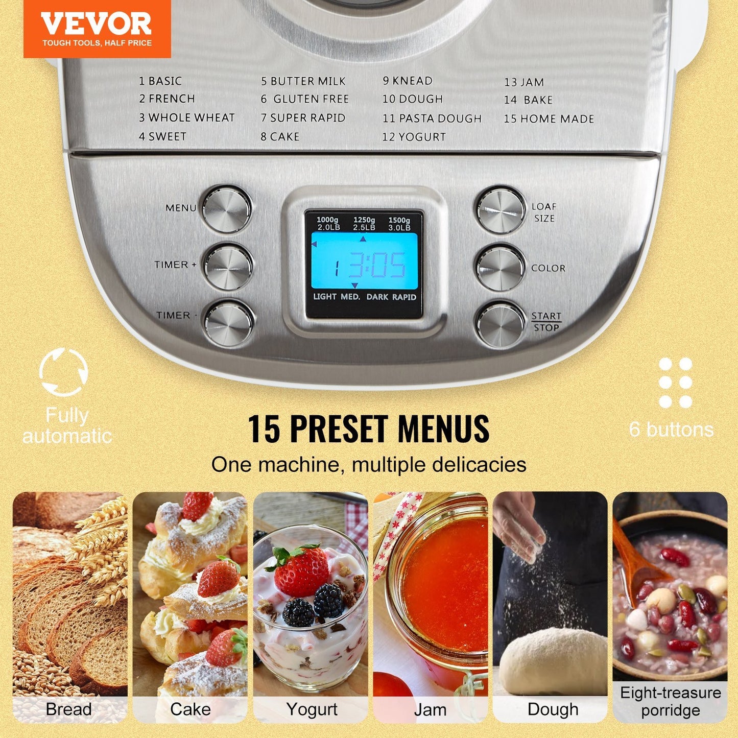 Vevor food processor with control panel and preset menu options on a yellow background