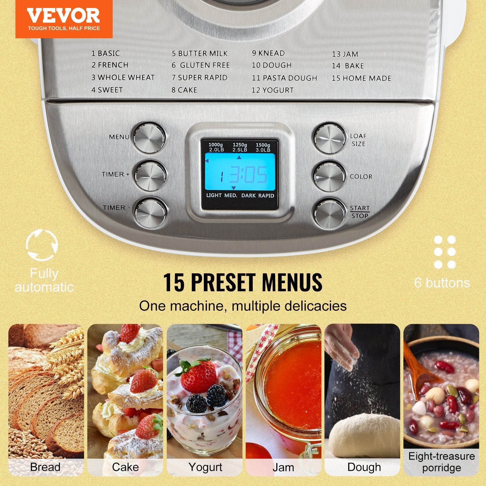 Vevor food processor with control panel and preset menu options on a yellow background