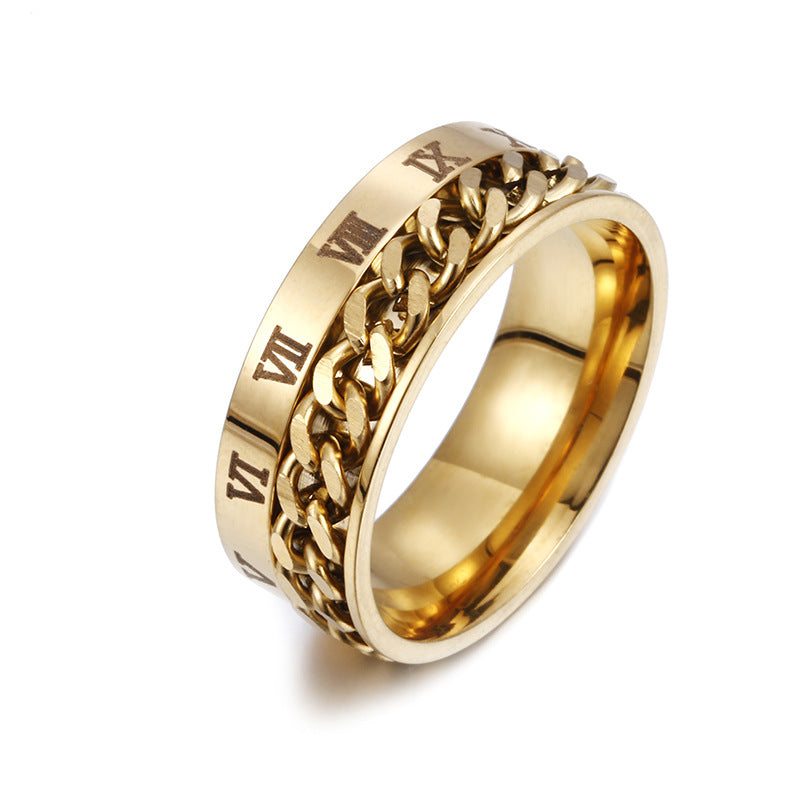 Gold ring with chain design and Roman numerals on a white background