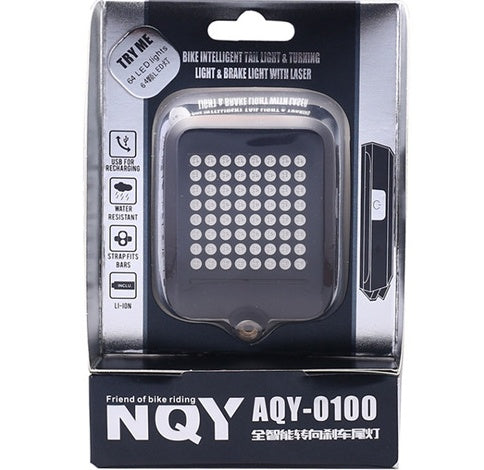 NQY AQY-0100 bike intelligent tail light packaging on a white background