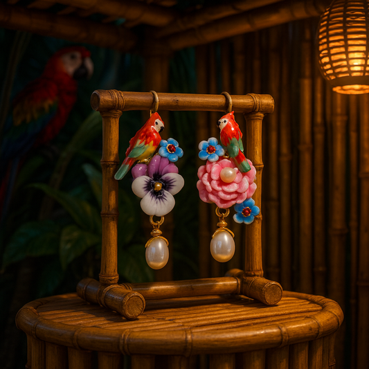 Female Gold-plated Pearl Flower And Bird Enamel Earrings