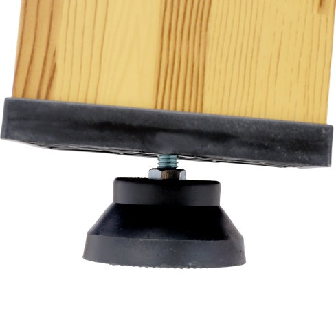 Close-up of a wooden knob with a black base on a white background