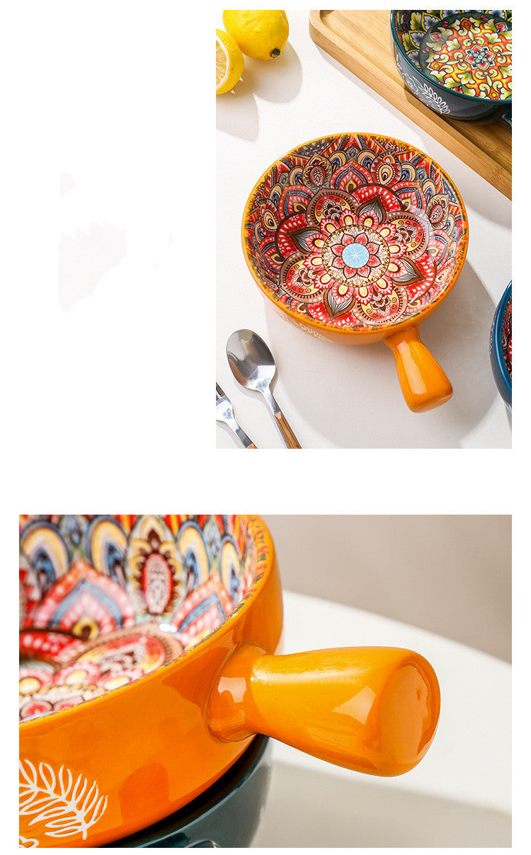 Decorative bowl with mandala design on a white surface with a lemon and spoon. From Nested Wisdom