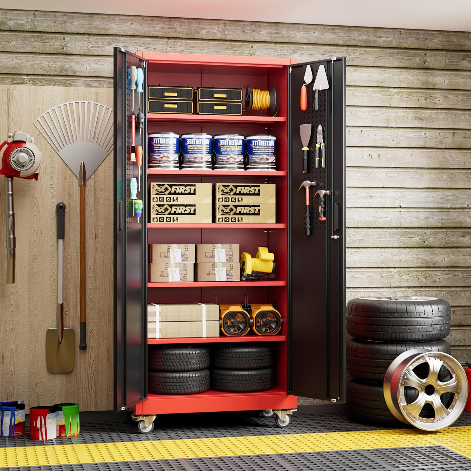 Red storage cabinet with tools and supplies in a garage setting