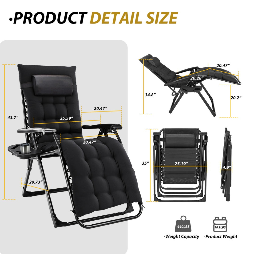 Black reclining chair with detailed measurements on a white background