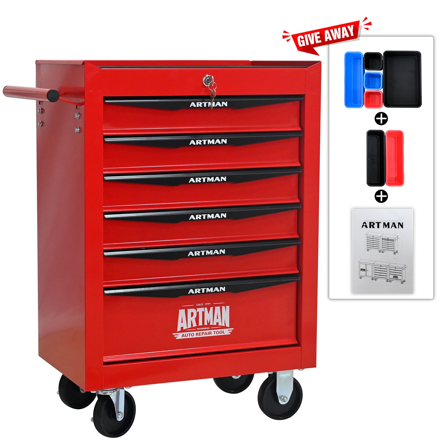 Red Artman toolbox with multiple drawers on a white background
