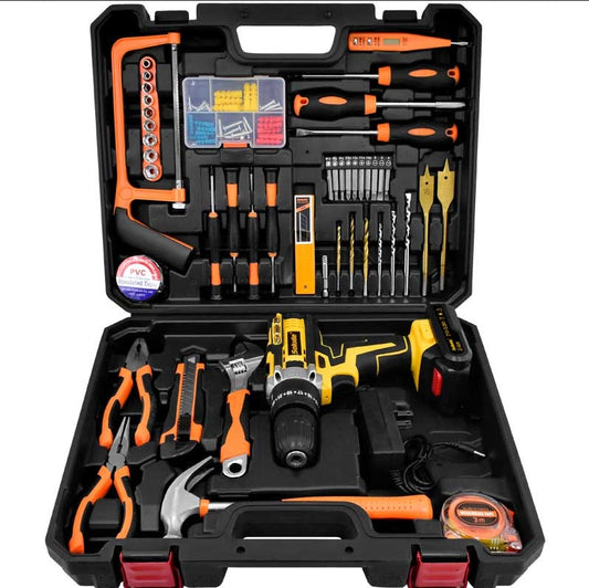 Open tool kit with various tools including a drill, screwdrivers, and pliers on a white background.