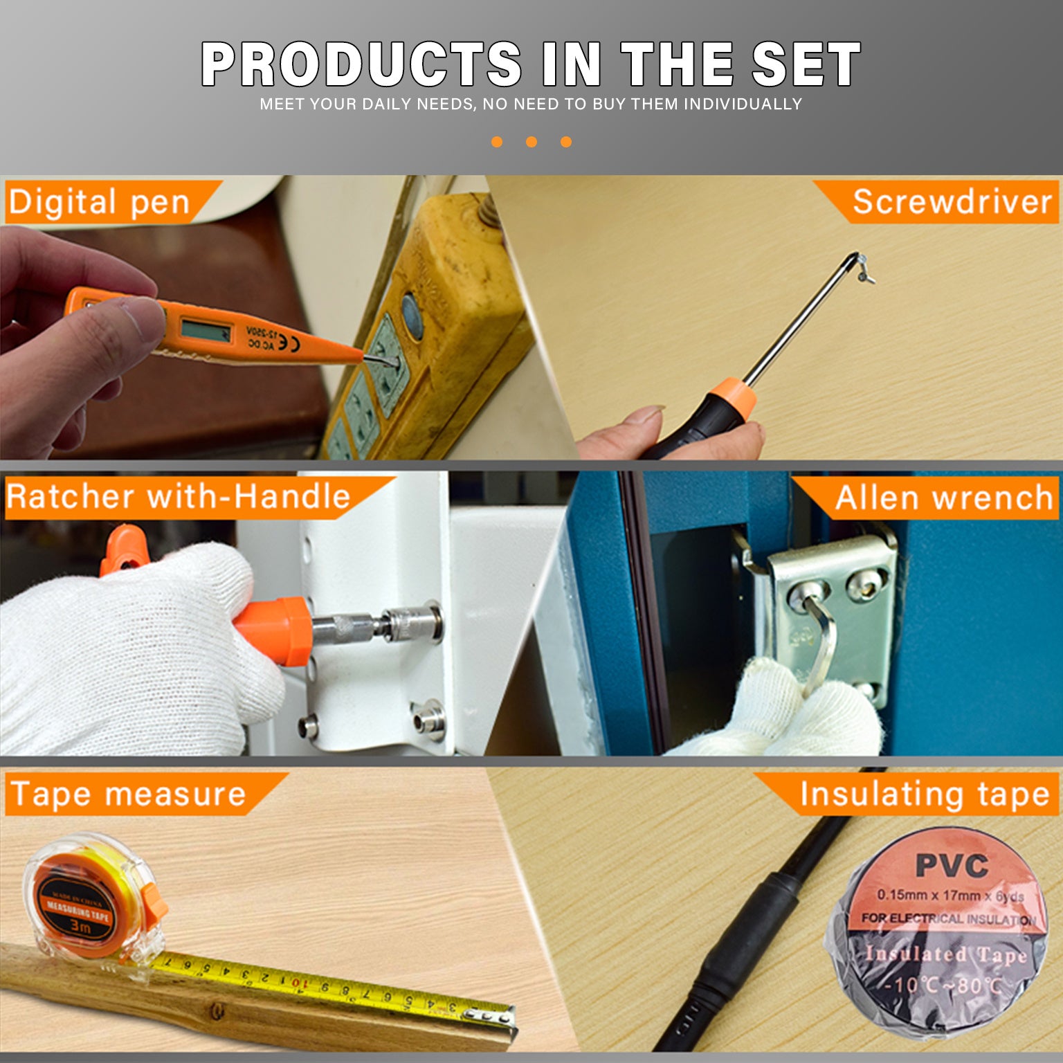 Set of tools including a digital pen, screwdriver, ratchet with handle, allen wrench, tape measure, and insulating tape.