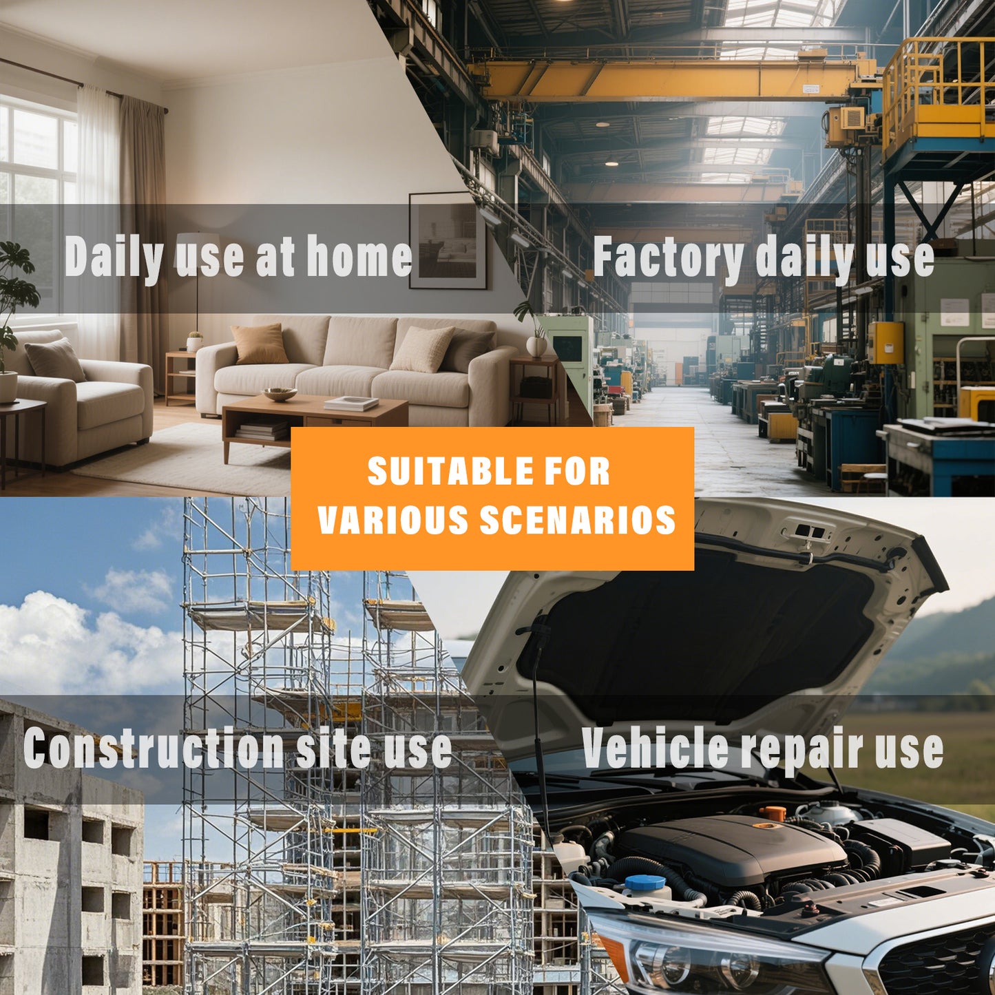Collage of images showing a sofa at home, factory interior, construction site, and vehicle repair scene with text indicating suitable use scenarios.