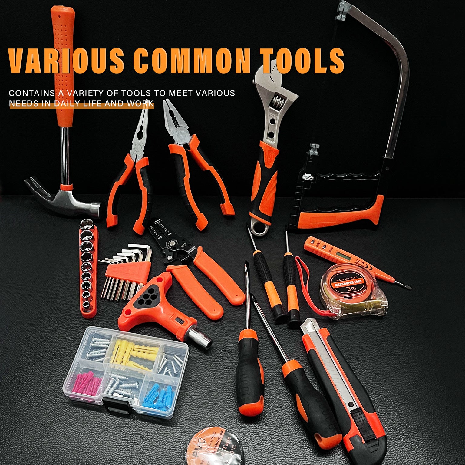 Assorted tools including pliers, wrenches, and screwdrivers on a black background with text about common tools.