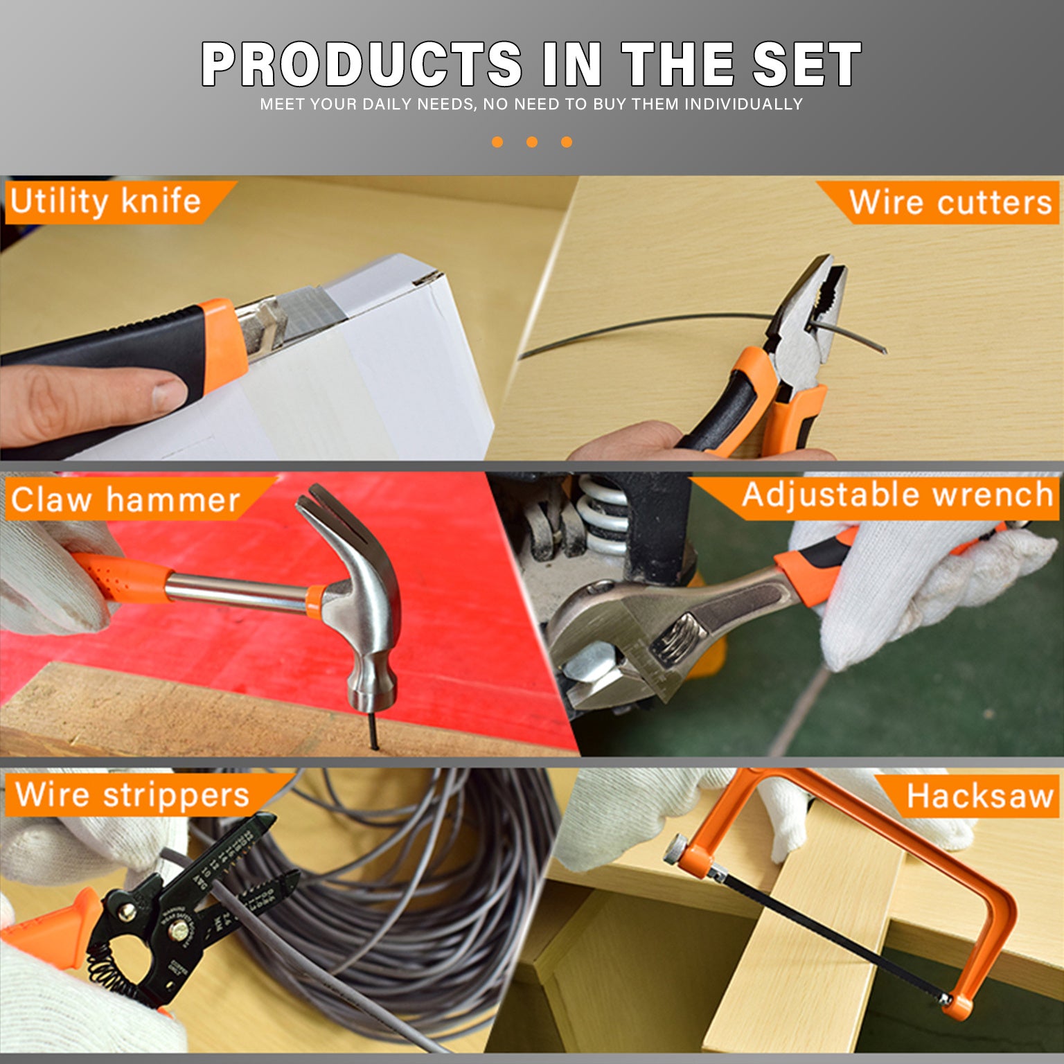 Set of tools including a utility knife, wire cutters, claw hammer, adjustable wrench, wire strippers, and hacksaw on a gray background.