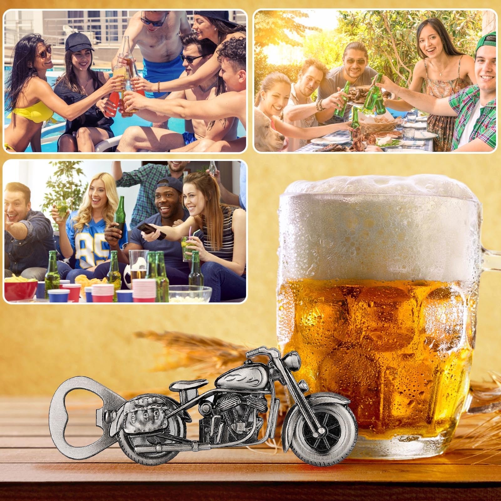 Motorcycle-shaped bottle opener with a glass of beer on a wooden surface, surrounded by images of people socializing outdoors.