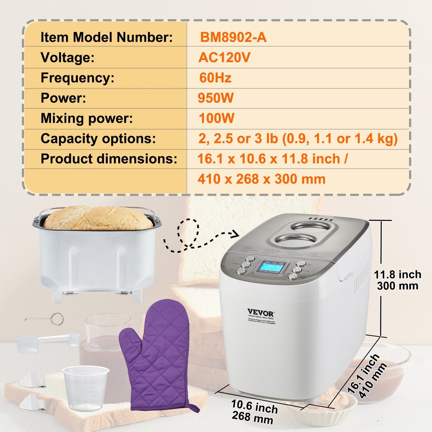 Bread maker with specifications and a loaf of bread on a light background