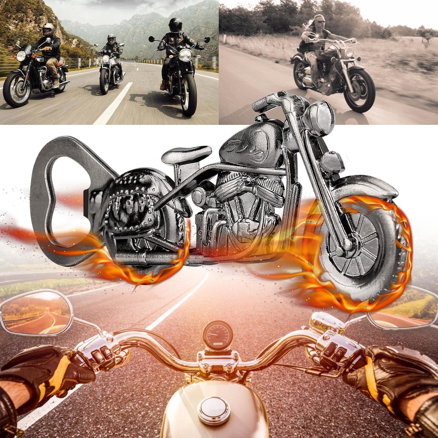 Motorcycle-themed bottle opener with motorcycle images and flames in the background