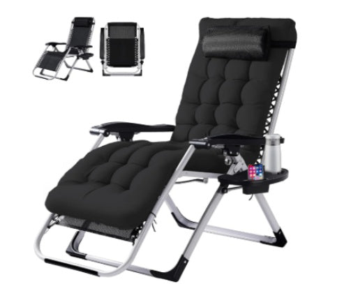 Black reclining chair with cup holder and armrest on a white background