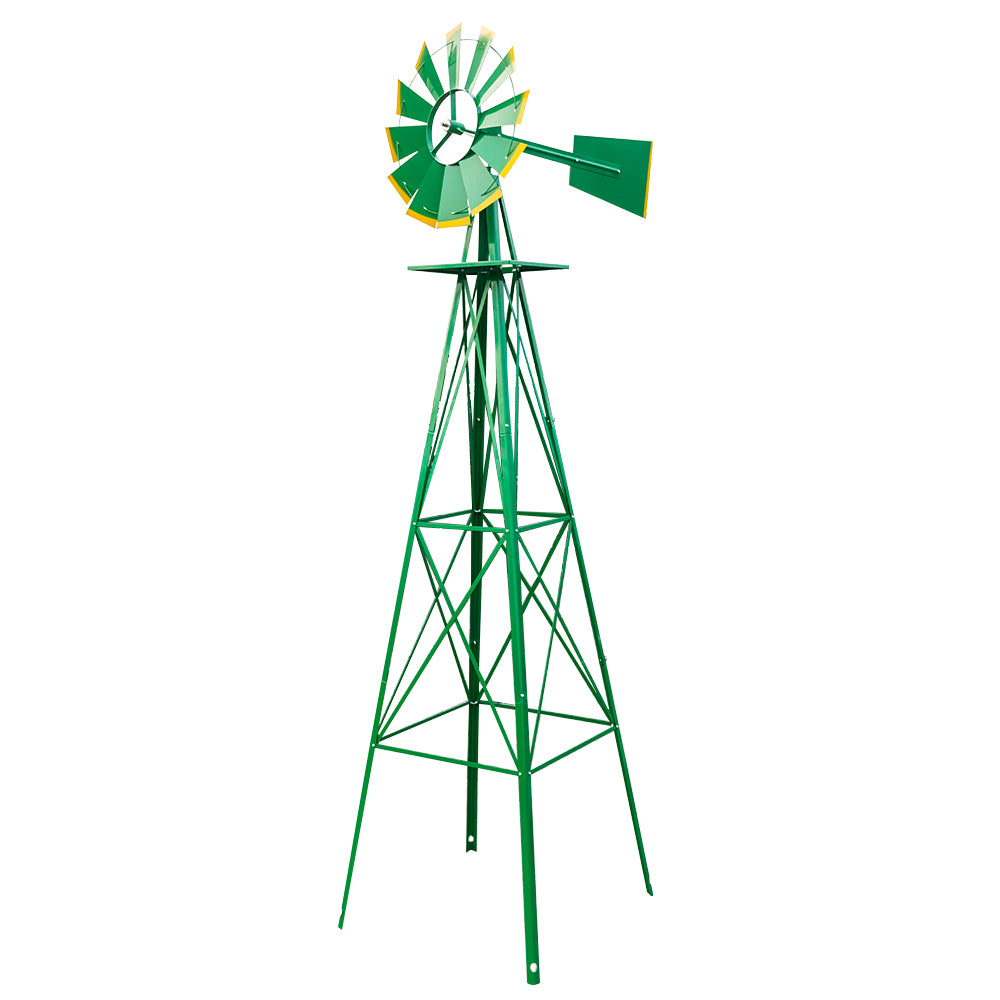 8 Ft Weather-Resistant Garden Windmill – Green Iron Yard Spinner with 22 In Wheel