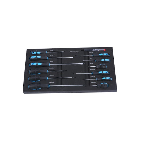 Set of screwdrivers in a black case on a white background