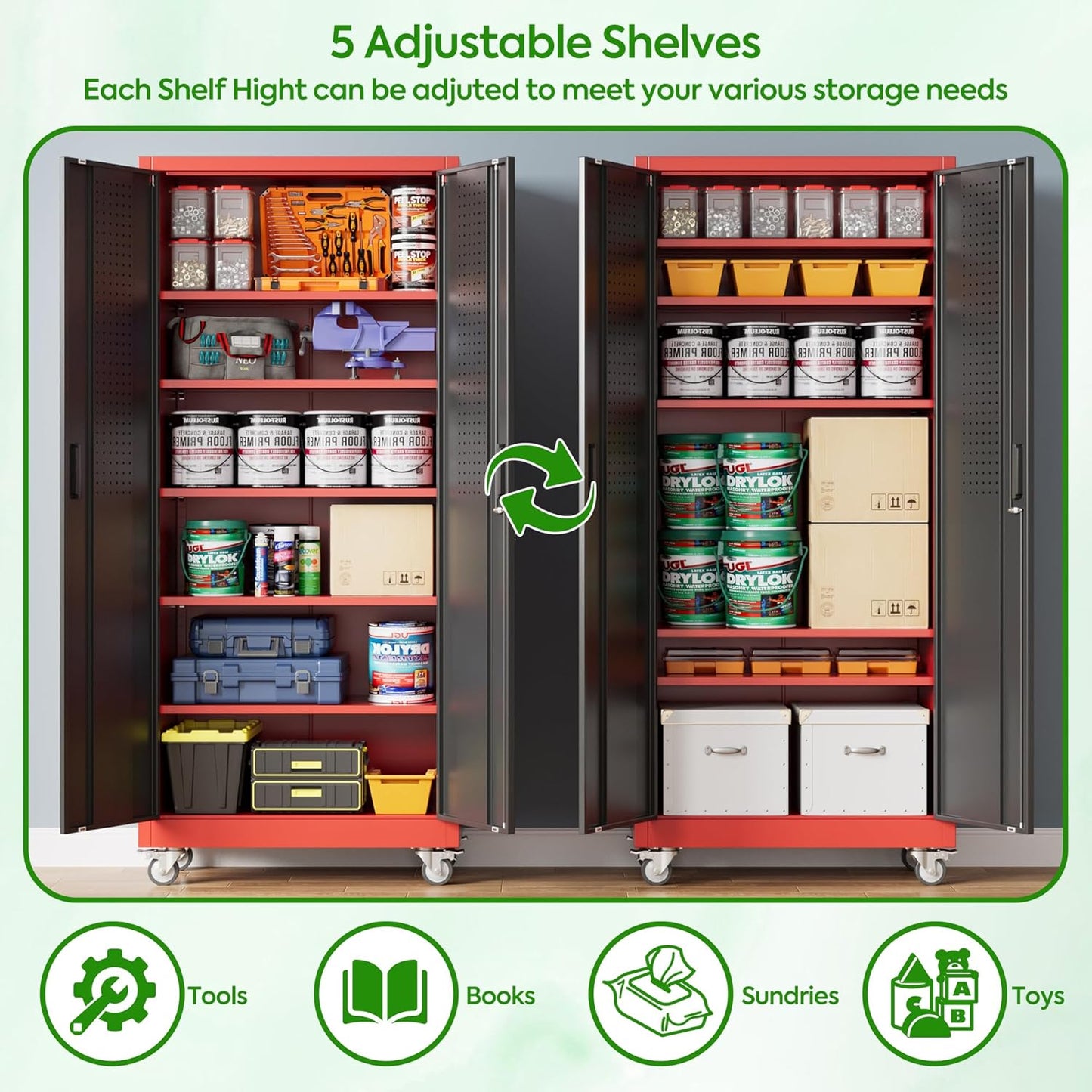 Storage cabinet with adjustable shelves filled with various items on a white background