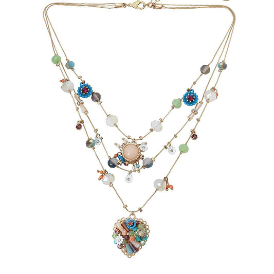 Multistrand necklace with colorful beads and heart-shaped pendant on a white background from Nested Wisdom